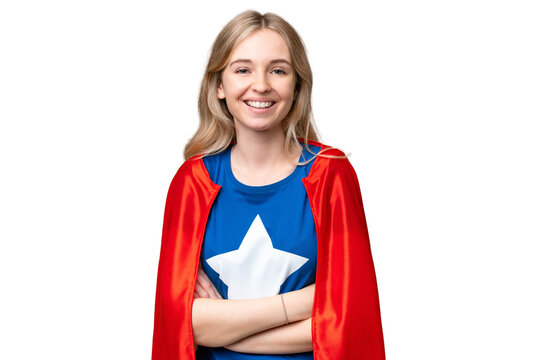 Super Hero English woman over isolated background keeping the arms crossed in frontal position