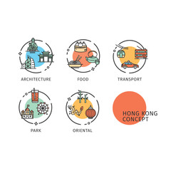 Hong Kong Travel and Tourism Concept Thin Line Icons Labels Set Include of Park, Transport, Food and Architecture. Vector illustration of Label