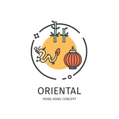 Hong Kong Travel and Tourism Thin Line Icon Oriental Concept Include of Dragon, Lantern and Bamboo. Vector illustration