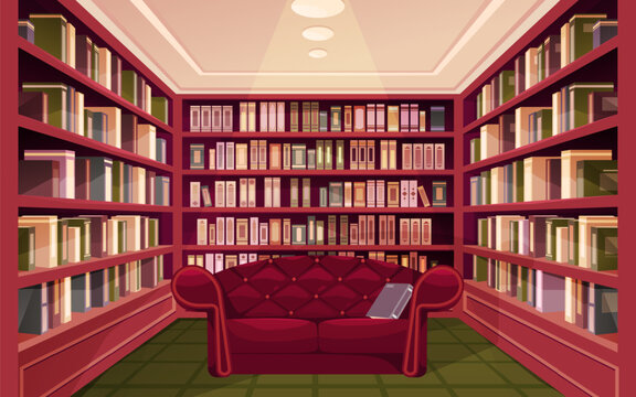 Poster with library room and shelves. Vector image