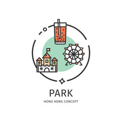 Hong Kong Travel and Tourism Thin Line Icon Park Concept Include of Bubble Milk Tea and Castle. Vector illustration