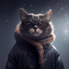 chic cat charisma wearing coat, wearing sunglasses, funny, fashion, pic as wallpaper, poster, t shirt and others