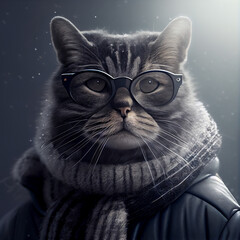 chic cat charisma wearing coat, wearing sunglasses, funny, fashion, pic as wallpaper, poster, t shirt and others