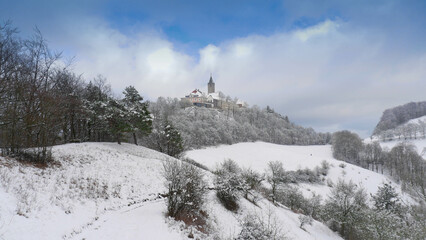 Leuchtenburg castle on a snowy winter day, Seitenroda, Thuringia, Germany