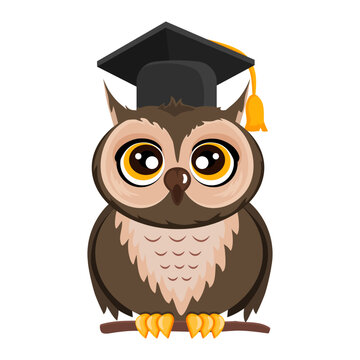 Wise owl in cartoon style graduation cap. Vector stock illustration. isolated. Bird. An animal that lives in the forest. School and education. Teacher