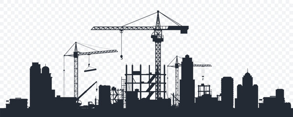 Black silhouette of a construction site isolated on transparent background. Construction cranes over buildings. City development. Urban skyline. Element for your design. Vector illustration. - obrazy, fototapety, plakaty