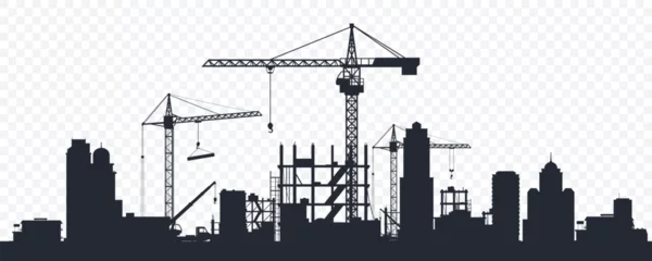 Fotobehang Black silhouette of a construction site isolated on transparent background. Construction cranes over buildings. City development. Urban skyline. Element for your design. Vector illustration. © alexandertrou