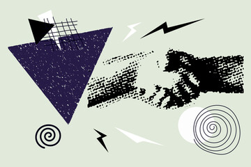 Art collage with Halftone Human Hands. Composition with bold geometric shapes, Pop Vector Design