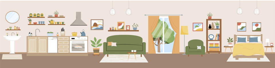 Living room vector illustration. Living room with furniture. Sofa, armchair, table, balcony, rack, home plants, table, decoration. Flat style.
