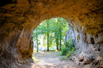 Scharzfeld stone church near Herzberg am Harz. Old cave in the Harz. Round-arched dolomite rock cave.
Steinkirche.