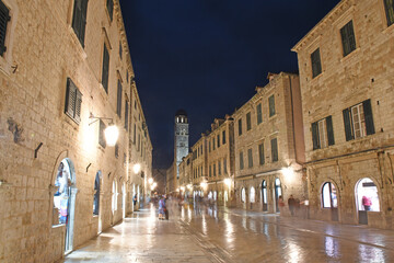 Street scene along Stradun (or Placa) in the old town of Dubrovnik, Croatia at night.