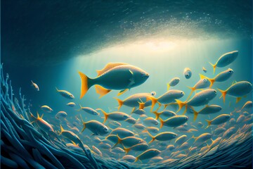 a large number of little fish in the water. a fish colony. fishing. and an ocean nature scene. Generative AI