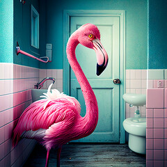 Happy cute pink flamingo in a blue ceramic bathroom with foam in home bathroom. Enjoying and relaxation. Generative ai 