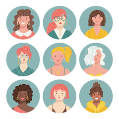 Set of different female people avatars. Collection of colorful user portraits in circles. Women characters faces. Vector illustration in flat cartoon style