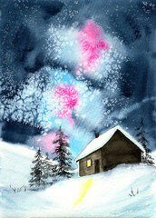 Watercolor illustration of a nighttime winter landscape with a wooden cabin on a snowy hill, a star-studded dark sky and several fir trees