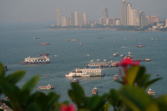 High angle view overlooking the bay of Pattaya. Jua Wad Chon Buri, Thailand, will see many boats moored, taken on 7 Nov 2019