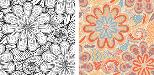 Hand Drawn Mandala and Floral decorative elements, Coloured and Black and White Vector Seamless pattern For fabrics, clothing, decoration, home decor, cards and templates, wrapping paper, kids prints.