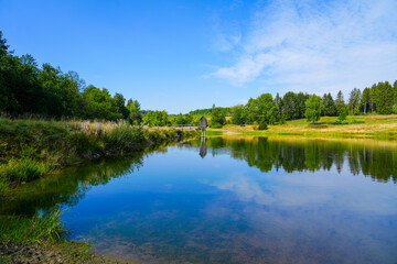 View of the landscape at the Wasserläufer Teich near Clausthal-Zellerfeld. Idyllic nature by the lake in the Harz National Park. Old mining pond. Water strider pond.


