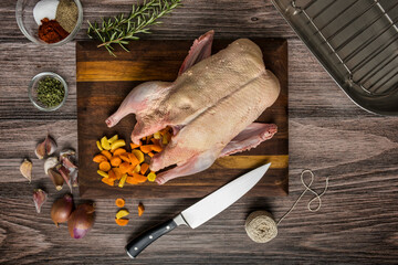 Stuffing a duck for roasting with carrots, garlic, shallots, salt, pepper, and rosemary.  Tie up with kitchen string and put in roasting pan - 566259547