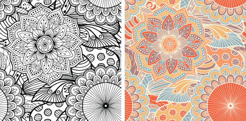 Hand Drawn Mandala and Floral decorative elements, Coloured and Black and White Vector Seamless pattern For fabrics, clothing, decoration, home decor, cards and templates, wrapping paper, kids prints.