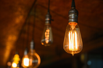 Beautiful vintage light bulb. Retro luxury light bulb hanging decor glowing.