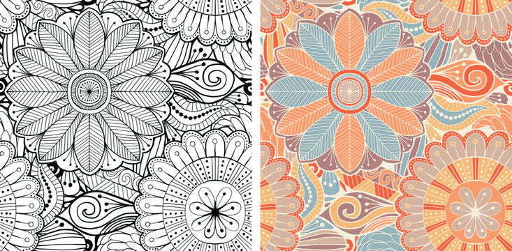 Hand Drawn Mandala and Floral decorative elements, Coloured and Black and White Vector Seamless pattern For fabrics, clothing, decoration, home decor, cards and templates, wrapping paper, kids prints.