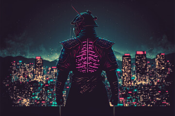 Standing samurai on the roof with neon city lights at night, Generative AI