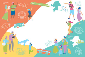 日本の福岡県のグルメ観光を楽しむ人物とアイコンセット