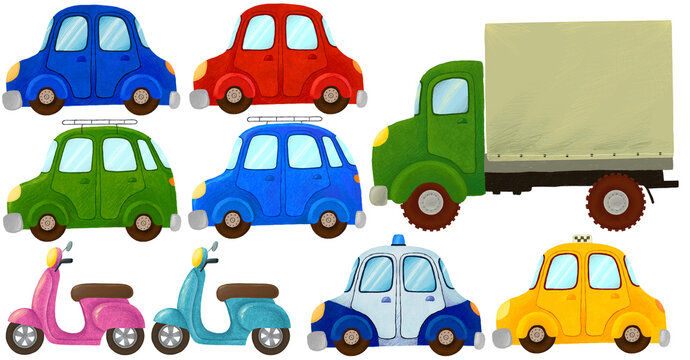 Cars clipart set. Isolated illustration an white background. Cars, scooters, taxi, police car, truck. Bright colors, cute style. For children stickers, room decor. Hight resolution