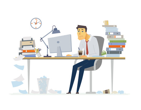 Tired male office worker - cartoon people character illustration