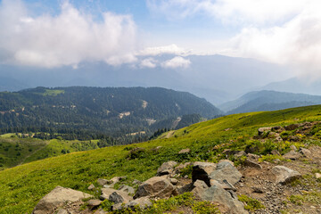 Fototapeta na wymiar Russia, Sochi, Krasnaya Polyana. Summer landscapes of the Caucasus mountains in Rosa Khutor 