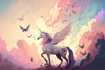 Pegasus unicorn and butterflies on cloudy sky background. Pastel watercolor. Generative AI