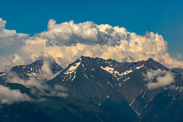 Russia, Sochi, Krasnaya Polyana. Summer landscapes of the Caucasus mountains in Rosa Khutor. View of the peaks of the mountains