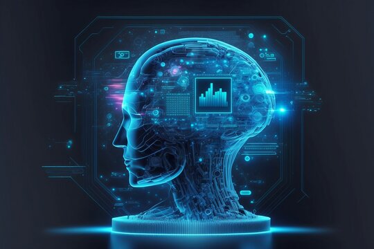 Futuristic hologram head created with Generative AI technology