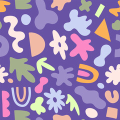 Funky shapes and abstract geometric objects hand drawn seamless pattern. Modern trendy vector illustration, fabric, textile design