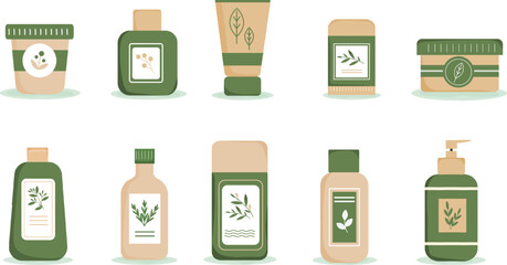 Organic, natural, eco-friendly cosmetics. Set of bottles, jars and tubes wit herbal decoration.