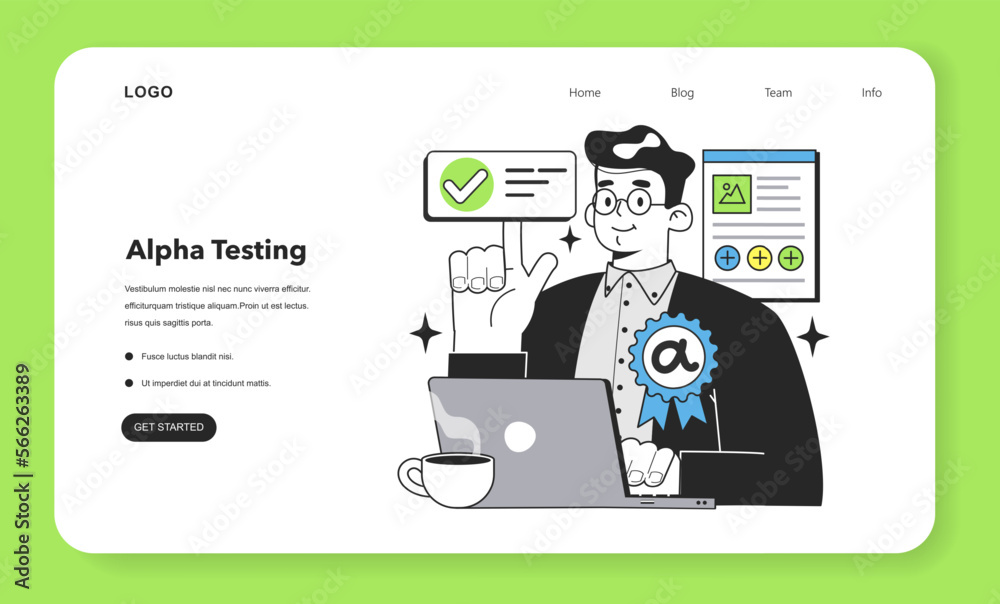 Poster alpha testing technique web banner or landing page. software testing methodology
