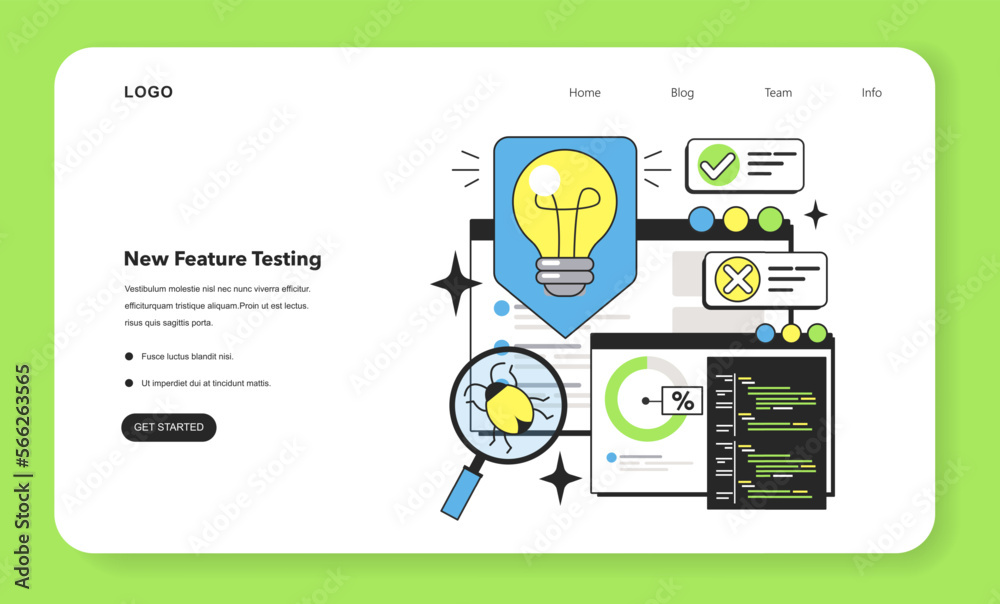 Poster new feature testing web banner or landing page. software testing