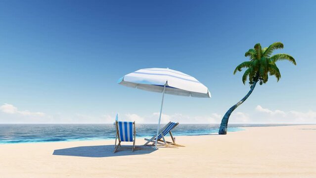 4K Ultra HD. Blue ocean sand beach nature tropical palms Island. Hotel beach. Caribbean sea and sky. Small wild beach chairs. landscape Island. Palms turquoise sea background Atlantic ocean. 