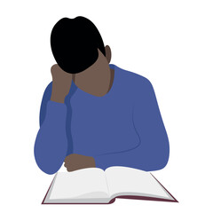 Portrait of a black guy who reads a book, the guy leaned his head on his hand, flat vector, isolated on white, faceless illustration