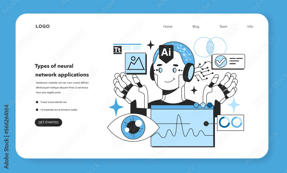 Poster types of artificial neural network applications web banner or landing