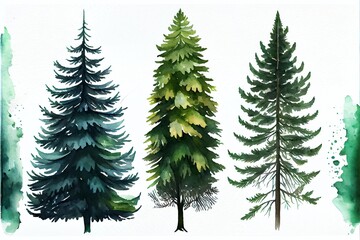 Forest fir trees set. Hand drawn watercolor illustration isolated on white background. Generative AI