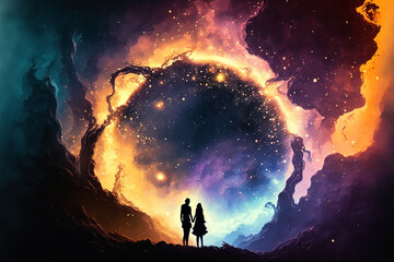 Fototapeta premium Valentine Background nebula galaxy universe heart Genarative AI