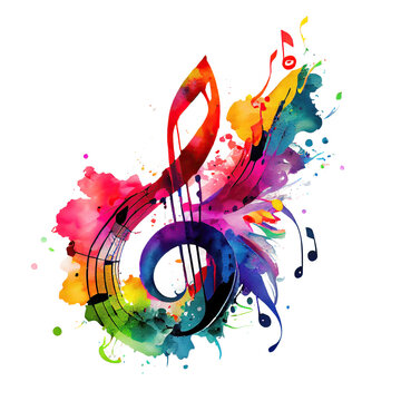 Illustration of isolated music key note with colorful watercolor splash. Music background for poster, brochure, banner, flyer, concert, music festival