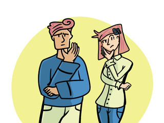 Vector drawing of a man and girl.They stand in thought, thinking, serious.In cartoon style, flat,doodle.There is a little yellow spot around them.On white background isolated.For topics about Business