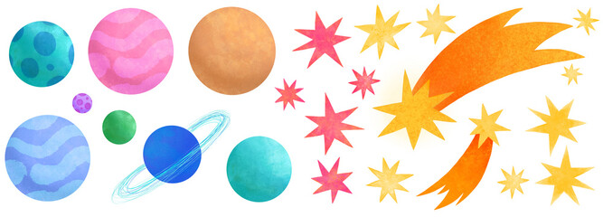 Space isolated elements clipart set. Pink and yellow stars,  planets of different shapes and colores, planet with rings, comets. Hight resolution. Hand drawn illustration, cute style