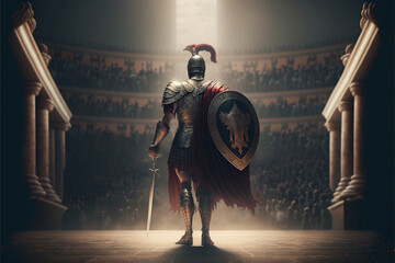 Ancient Roman gladiator enters the arena for fighting, against the backdrop of an anticipated battle by the crowd, realistic art generated by ai, rear view