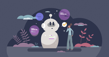 Chatbot answering user prompts with AI communication tiny person concept. Chat bot technology for customer support and automatic help center vector illustration. Digital communication with text app. - obrazy, fototapety, plakaty
