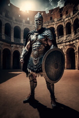 Portrait of an ancient Roman gladiator in armor and a closed helmet in the arena for combat, realistic art created by ai