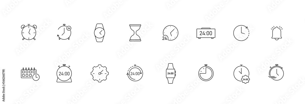 Poster clock icons set. mechanical and electronic timers with speed control for business deadlines and vect